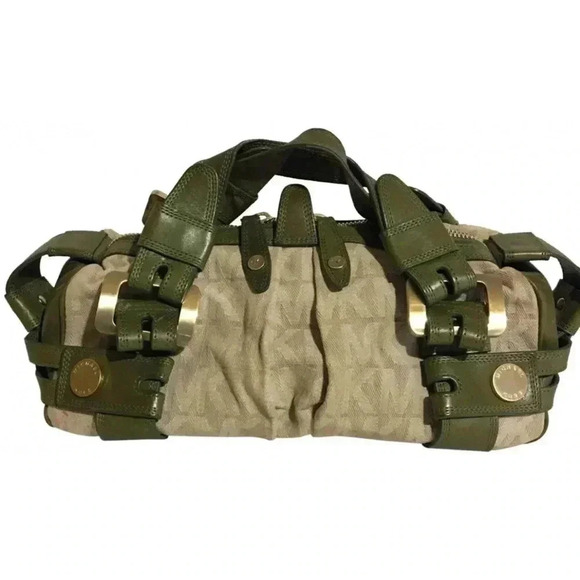 Michael Kors beige canvas/ green leather satchel handbag - Picture 1 of 10